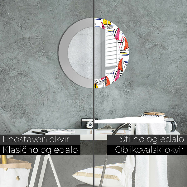 Lustro z drukowaną ramką okrągłe Łódź na jeziorze