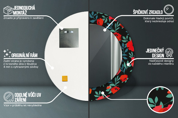 Lustro ścienne dekoracyjne okrągłe Czerwony mak