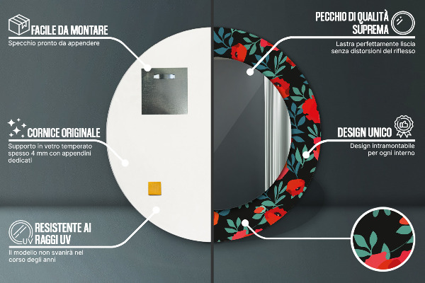 Lustro ścienne dekoracyjne okrągłe Czerwony mak