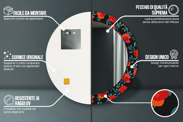 Lustro ścienne dekoracyjne okrągłe Czerwony mak