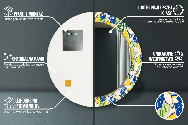 Lustro ramka z nadrukiem okrągłe Niebieskie i żółte orchidee