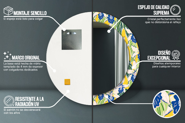 Lustro ramka z nadrukiem okrągłe Niebieskie i żółte orchidee