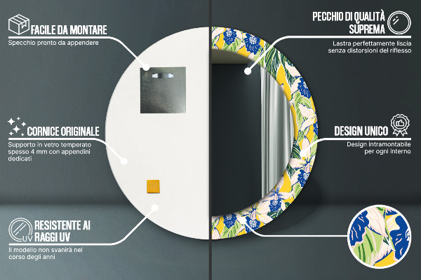 Lustro ramka z nadrukiem okrągłe Niebieskie i żółte orchidee