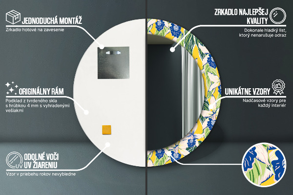 Lustro ramka z nadrukiem okrągłe Niebieskie i żółte orchidee