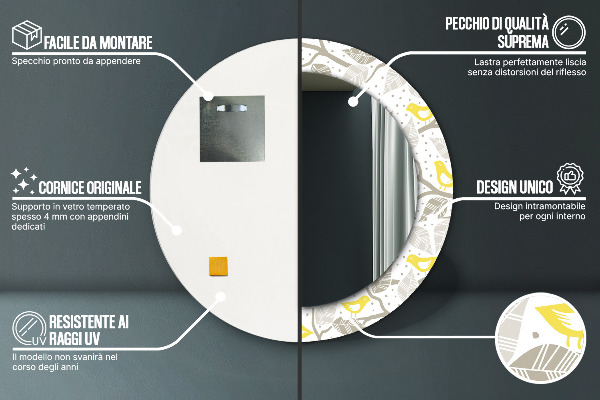 Lustro ramka z nadrukiem okrągłe Żółte ptaki na gałęziach