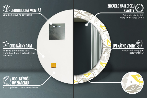 Lustro ramka z nadrukiem okrągłe Żółte ptaki na gałęziach