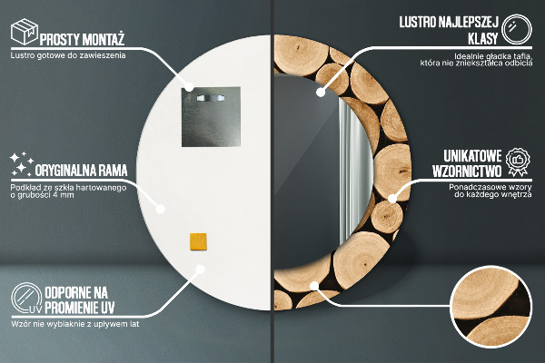 Lustro z drukowaną ramką okrągłe Kłody drewna