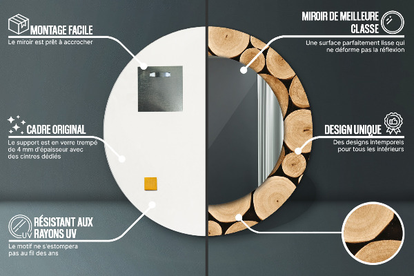 Lustro z drukowaną ramką okrągłe Kłody drewna