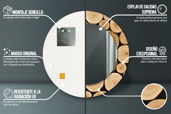 Lustro z drukowaną ramką okrągłe Kłody drewna