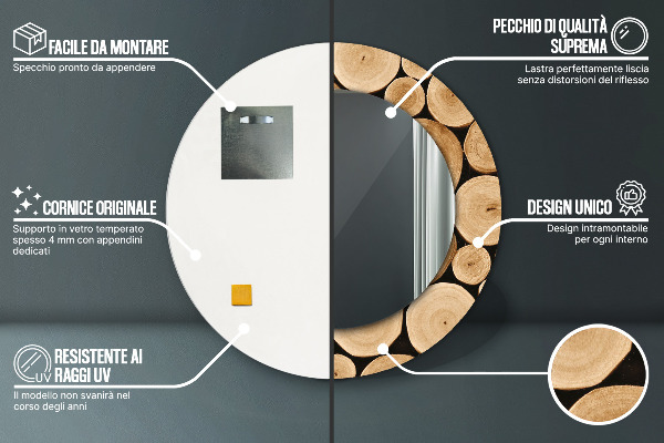 Lustro z drukowaną ramką okrągłe Kłody drewna