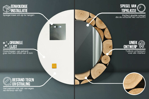 Lustro z drukowaną ramką okrągłe Kłody drewna