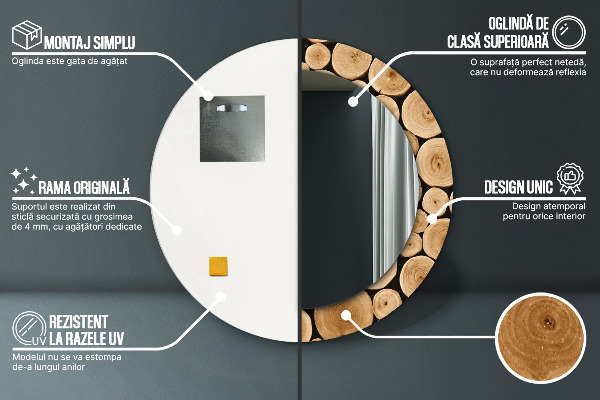 Lustro z drukowaną ramką okrągłe Kłody drewna