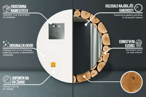 Lustro z drukowaną ramką okrągłe Kłody drewna