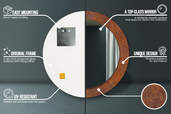 Lustro z drukowaną ramką okrągłe Zardzewiały metal