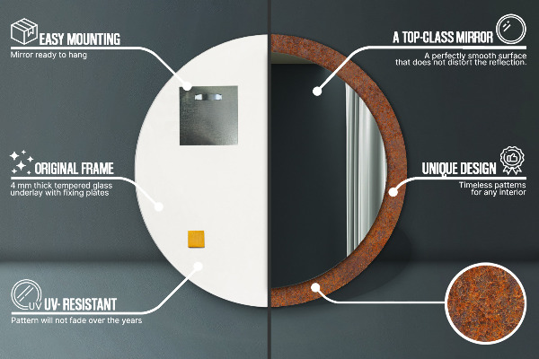 Lustro z drukowaną ramką okrągłe Zardzewiały metal