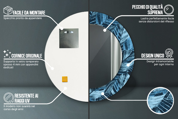 Lustro z drukowaną ramką okrągłe Liście dżungli