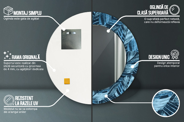 Lustro z drukowaną ramką okrągłe Liście dżungli