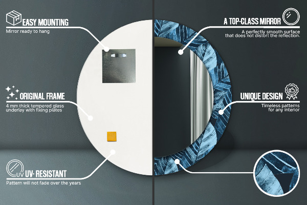 Lustro z drukowaną ramką okrągłe Liście dżungli