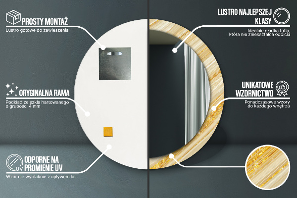 Lustro z drukowaną ramką okrągłe Złoty abstrakcyjny