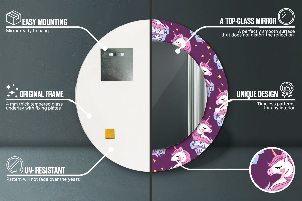 Lustro z drukowaną ramką okrągłe Gwiazdy jednorożca