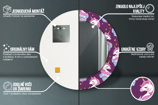 Lustro z drukowaną ramką okrągłe Gwiazdy jednorożca