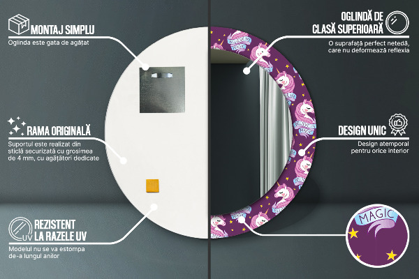 Lustro z drukowaną ramką okrągłe Gwiazdy jednorożca