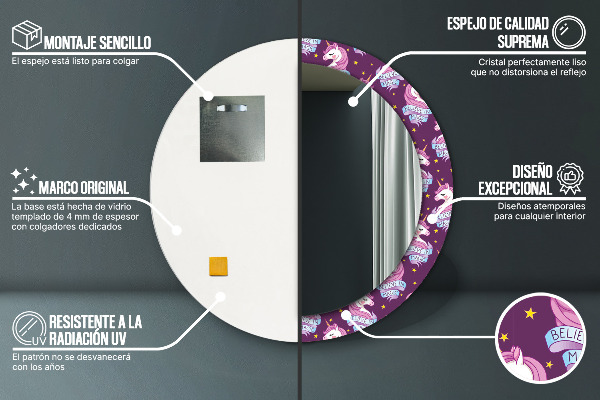 Lustro z drukowaną ramką okrągłe Gwiazdy jednorożca