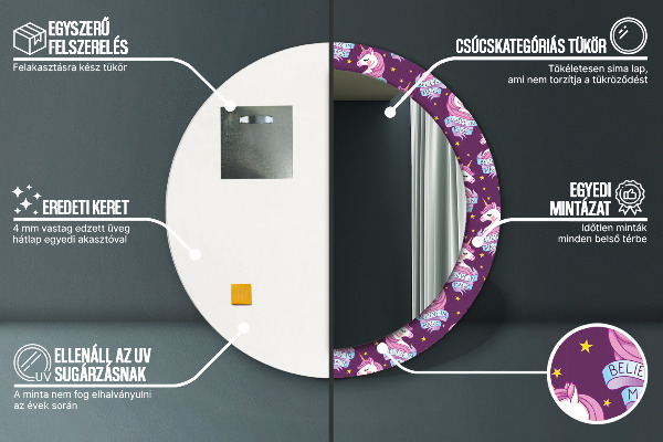 Lustro z drukowaną ramką okrągłe Gwiazdy jednorożca