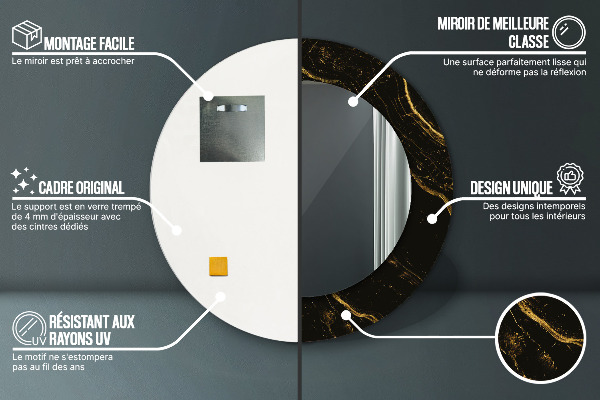 Lustro z drukowaną ramką okrągłe Czarny marmur