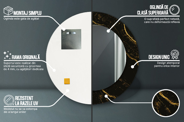 Lustro z drukowaną ramką okrągłe Czarny marmur