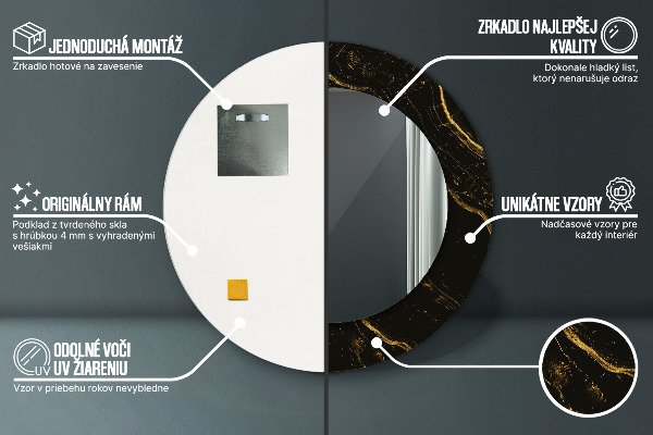 Lustro z drukowaną ramką okrągłe Czarny marmur