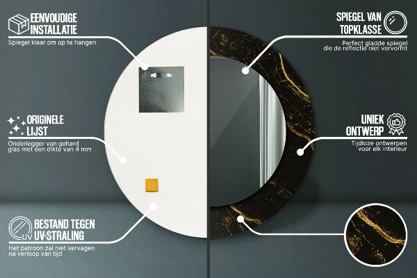 Lustro z drukowaną ramką okrągłe Czarny marmur