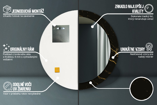 Lustro z drukowaną ramką okrągłe Czarny marmur