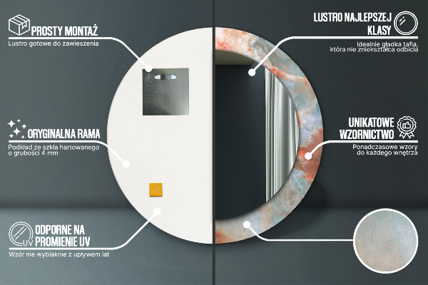 Lustro z drukowaną ramką okrągłe Onyksowe marmury