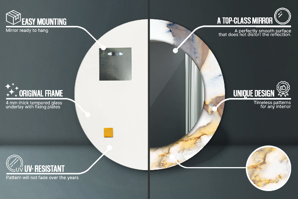 Lustro z drukowaną ramką okrągłe Biały marmur