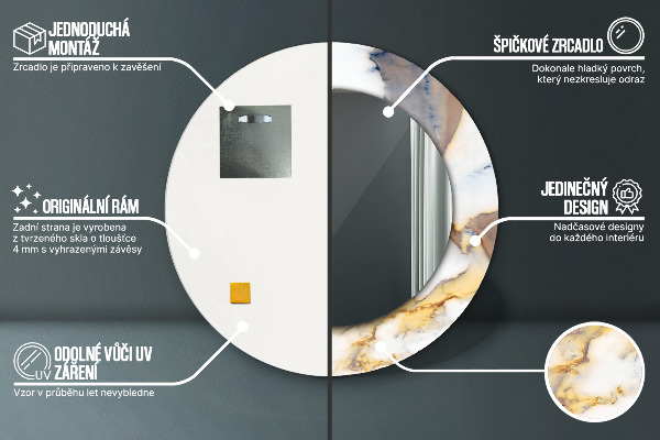 Lustro z drukowaną ramką okrągłe Biały marmur