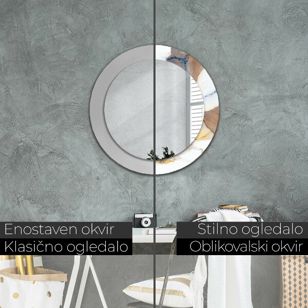 Lustro z drukowaną ramką okrągłe Biały marmur