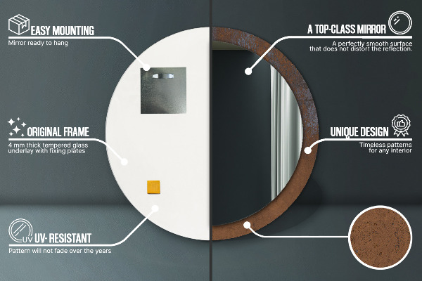 Lustro z drukowaną ramką okrągłe Metaliczny rustykalny