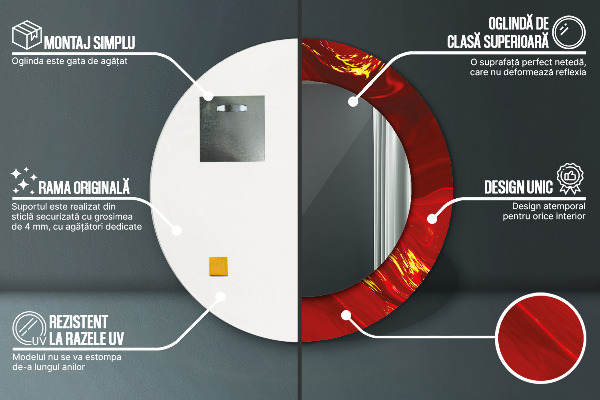 Lustro z drukowaną ramką okrągłe Czerwony marmur