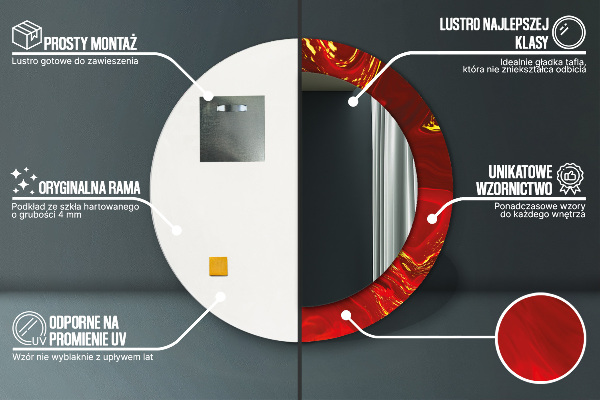 Lustro z drukowaną ramką okrągłe Czerwony marmur