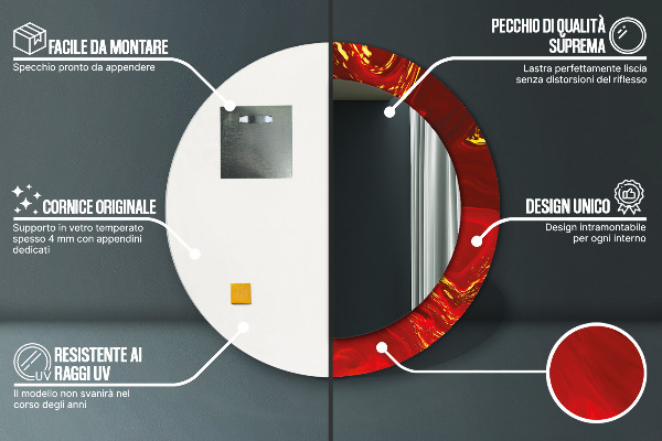Lustro z drukowaną ramką okrągłe Czerwony marmur