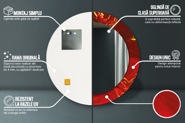 Lustro z drukowaną ramką okrągłe Czerwony marmur