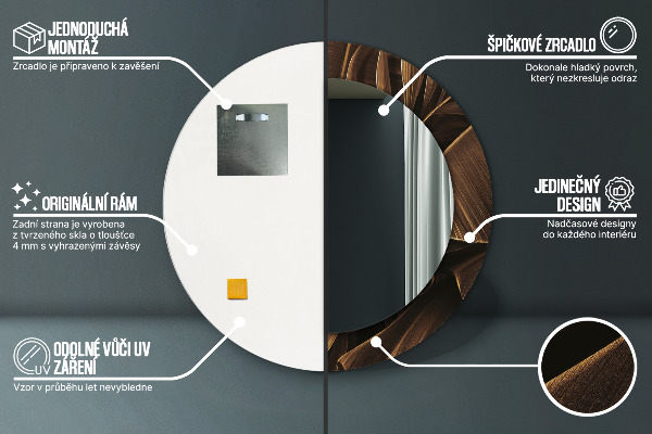 Lustro z drukowaną ramką okrągłe Brązowe liście bananowca