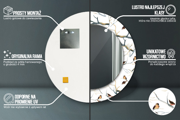 Lustro ścienne dekoracyjne okrągłe Wróbelki ptaki gałęzie