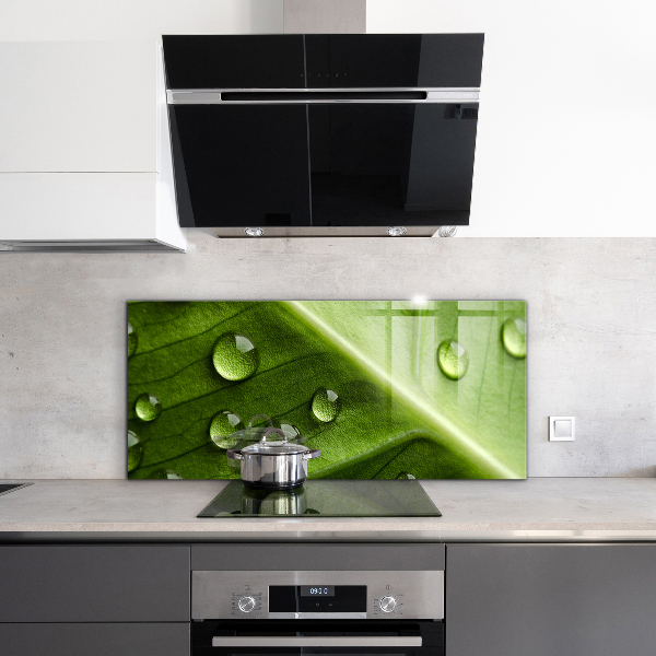 Szklany panel do kuchni Liść z Kroplami Porannej Rosy