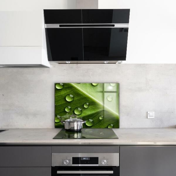 Szklany panel do kuchni Liść z Kroplami Porannej Rosy
