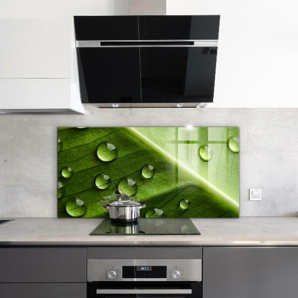 Szklany panel do kuchni Liść z Kroplami Porannej Rosy