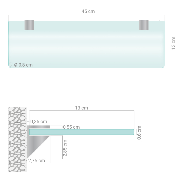 Półka pod lustro półprzezroczysta o wymiarach 45 x 13 cm