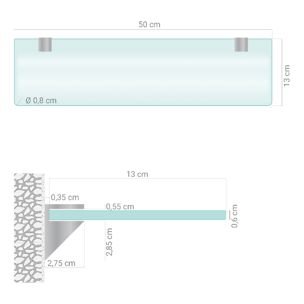 Półka wisząca do łazienki półprzezroczysta o wymiarach 50 x 13 cm