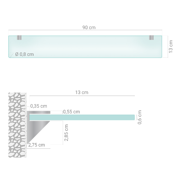 Półka szklana półprzezroczysta o wymiarach 90 x 13 cm